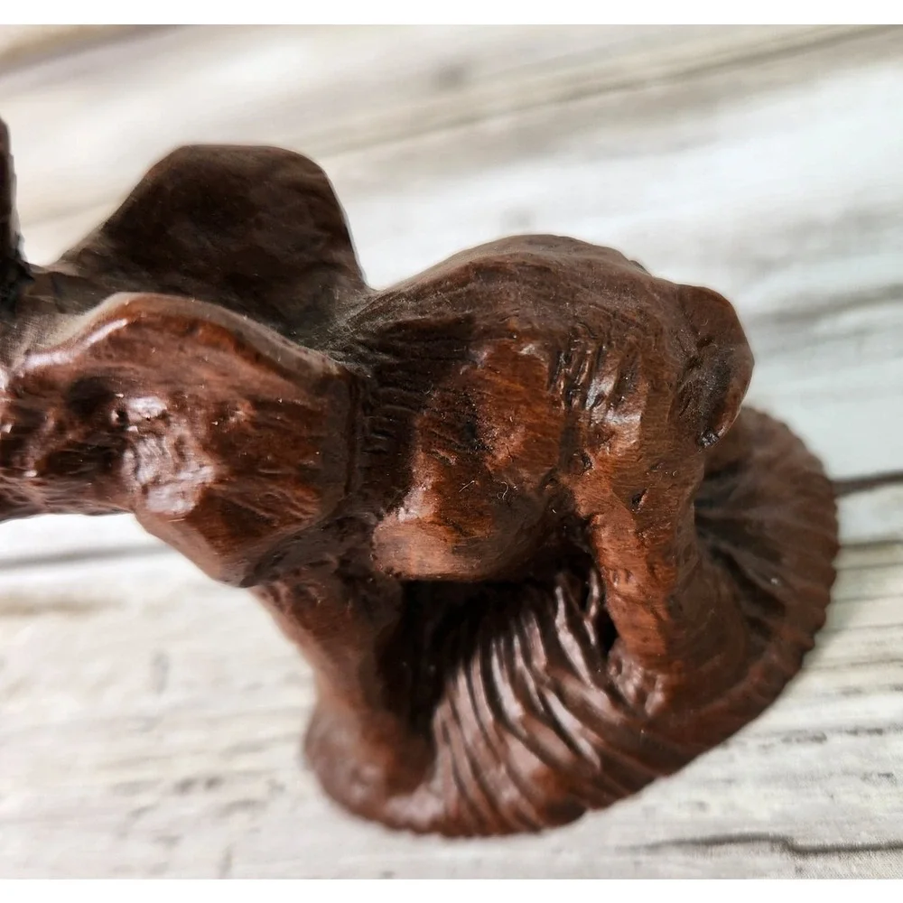 Carved Baby Elephant Raised Trunk‎ Miniature Brown Figurine Statue Safari